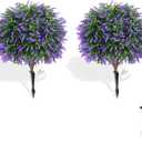 Artificial Topiary Ball Trees with Lavender, 2 Pack Artificial Shrubs Bushes with Ground Spike, Fake Plants for Outdoor Front Porch Decor UV Resistant