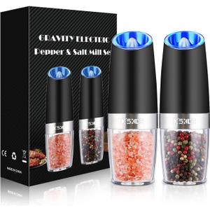 XinXu Gravity Electric Pepper and Salt Grinder Set, Adjustable Coarseness, Battery Powered with LED Light, One Hand Automatic Operation, Black, 2 Pack