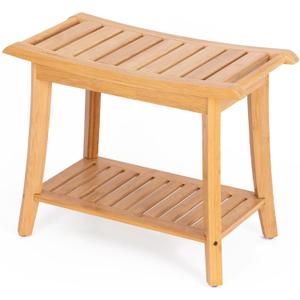 Bamboo Shower Bench Inside Shower Stool with Storage Shelf, Spa Bath Chair for Bathroom, Seat or Organizer for Living Room, Bedroom and Garden - Great for All Ages Unisex Elderly (Waterproof, Natural) (Large 24x12x18 Inch)