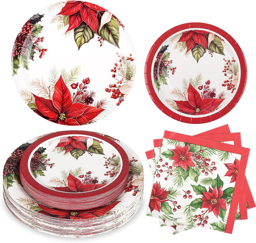 Purhapfre 150Pcs Christmas Paper Plates and Napkins Set Christmas Poinsettia Flowers Design Disposable Holiday Plates Dinnerware for Xmas Holiday Winter Party,Serves 50