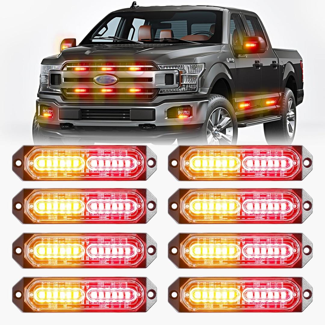 BooYu Amber/Red LED Surface Mount Emergency Strobe Flashing Lights for Firefighter/Police/Trucks/Vehicles/Car, Ultra Slim Sync Feature Hazard Warning Beacon Grille Light Bar (8 Pcs)