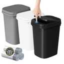 3 Pack Bathroom Small Trash Can with Lid, 2.6 Gallon Slim Garbage Bin with Pop-Up Lid, 10L Plastic Wastebasket for Bedroom, Office, Kitchen, Toilet (Three Colors)