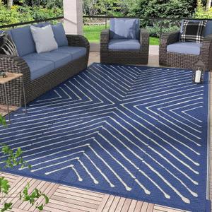 Garvee 9x12 Extra Large Outdoor Rug Waterproof Reversible Patio Carpet, Big RV Camping Mat for Deck, Backyard, Porch, Balcony, Beach, Garden, Lawn, UV Protected Navy Blue Outdoor Rug, Navy&White.