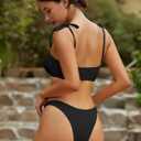 ZAFUL Women's Bandeau Bikini Tie Shoulder O Ring Cheeky Swimsuit (Black, XL)
