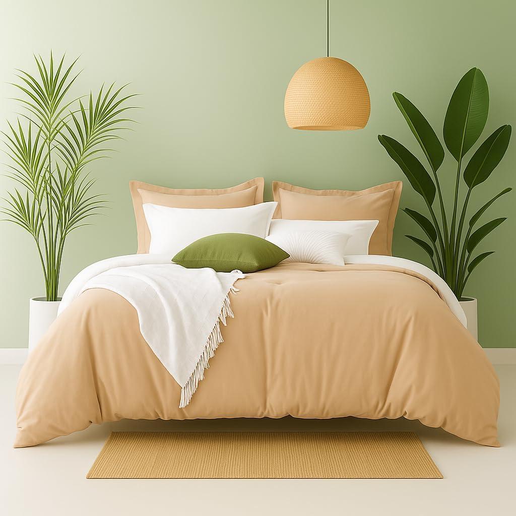 Queen Comforter Set Khaki Reversible Bedding Set, 7 Pieces Soft Bed in a Bag Queen with Comforter, Sheets, Pillowcases & Shams, All Season Boho Queen Bed Set, Contrasting Design