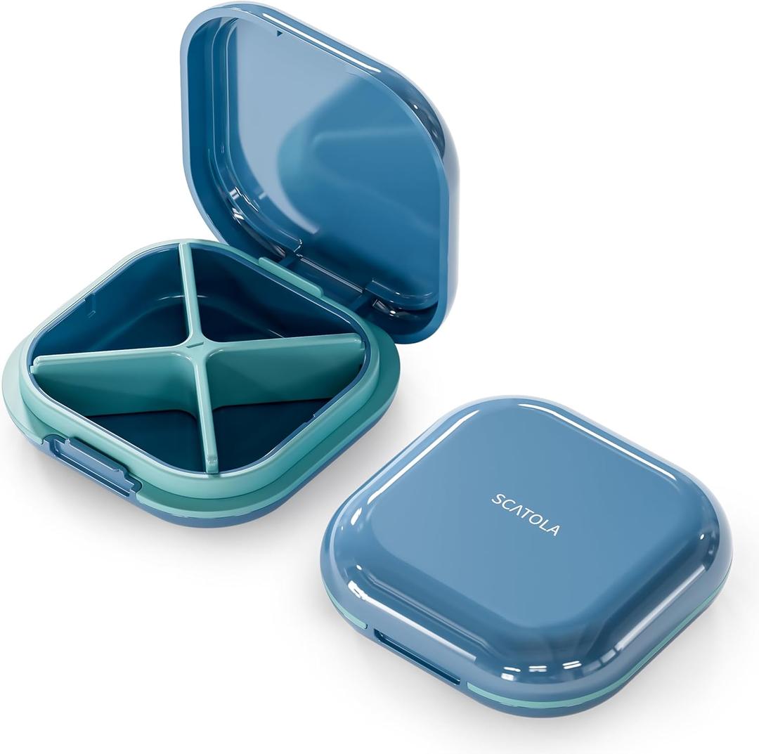 ONTERATE Small Pill Case, Travel Pill Organizer, Small Pill Box, Pill Container for Purse 4 Compartments, Daily Compact Travel Medicine Holder for Vitamins Medication (Blue)