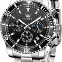 OLEVS Watches for Men, Mens Silver Watch Black Face,Mens Luxury Stainless Steel Dress Waterproof Men's Wrist Watch Chronograph Moon Phase Black Watches for Men with Date Relojes Para Hombres
