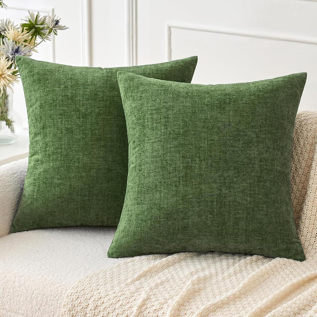 MIULEE Pack of 2 Couch Throw Pillow Covers 18x18Inch Soft Moss Green Spring Chenille Pillow Covers for Sofa Living Room Solid Dyed Pillow Cases (18" x 18" (Pack of 2))