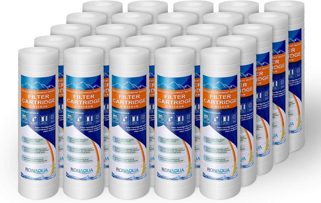 Grooved Sediment Water Filter Cartridge by Ronaqua 10"x 2.5", Four Layers of Filtration, Removes Sand, Dirt, Silt, Rust, made from Polypropylene (25 Pack, 5 Micron)