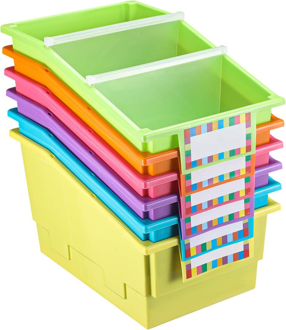 Lineshading 6 Pack Picture Book Organizer Bins with Dividers Large Plastic Book Holders with Labels Multi Purpose Classroom Organization Bins Storage Container for Classroom Library (Multicolor)