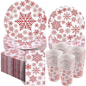Pickmesh 250 Pcs Christmas Dinnerware Set Snowflake Disposable Paper Plates Napkins and Cups Xmas Luncheon Dinner Tableware for Winter Christmas Birthday Party Supplies Table Decor