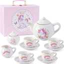 Tacobear Porcelain Tea Set for Girls Toys Unicorn Gift, 13pcs Tea Party Set with Teapot & Cup & Saucer & Suitcase, Kid Kitchen Pretend Playset Birthday Unicorn Toys for Girls 3 4 5 6-8