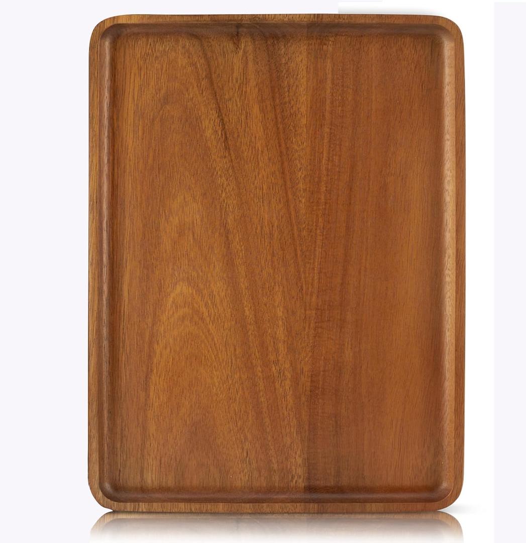 16" x12" Large Solid Acacia Wood Serving Tray Rectangular Wooden Serving Platter Natural Wooden Board for Bar Coffee Party