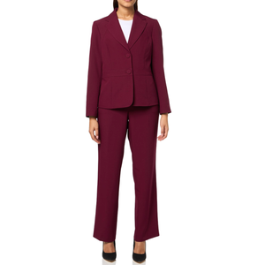 Le Suit Women's One Button Long Sleeve Jacket & Fly Front Slim Pant Maroon Size 4