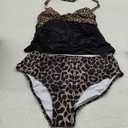 Women's Leopard Colorblock Full Coverage Bikini Sets, 2 Piece Ruffled Long Top Swimwear Bathing Suits 2XL