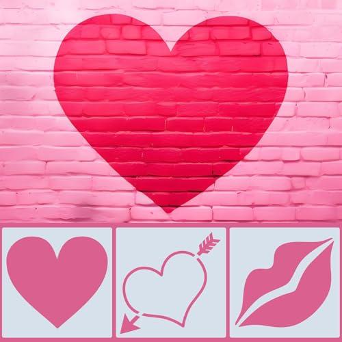 3 Pcs 24 x 24'' Valentines Large Heart Stencil for Painting on Wall Wood Stone Reusable Lips Heart Templates Love Stencils for Fabric Walls Paper Valentines Day Drawing Spraying Crafts