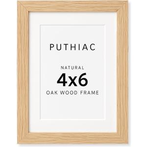 puthiac 4x6 Solid Oak Wood Picture Frame, Fits 3x5 with Mat or 4x6 Without Mat, Wall or Tabletop Display with Stand, Vertical or Horizontal, Plexi Front, 1 Pack, Natural Oak