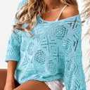 Beautiful Nomad Women's Summer Crochet Pullover Sweater Hollow Out 3/4 Sleeve Off Shoulder Boho Cover Up Tops Light Blue (Blue, L)