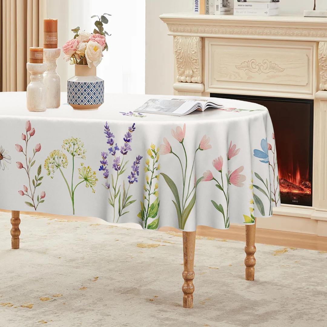 Horaldaily Spring Tablecloth 6084 Inch Oval, Watercolor Wild Flowers Blooming Floral Washable Seasonal Table Cover for Party Picnic Dinner Decor (White)