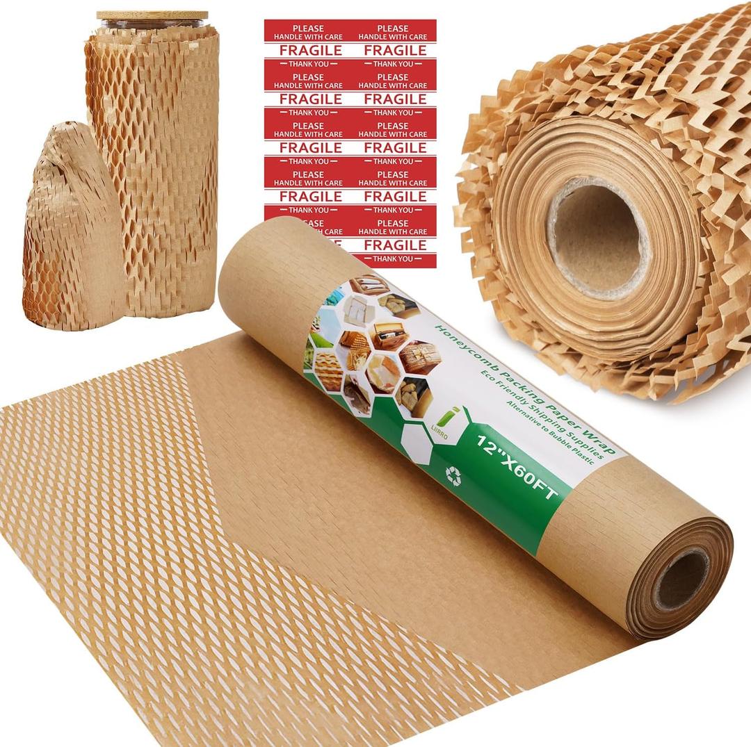 Honeycomb Packing Paper Wrap 12"x60' Recycled Bubble Cushioning Wrap Roll Eco Friendly Shipping Boxes Moving Wrap Packing Supplies Material with 10 Fragile Sticker Labels