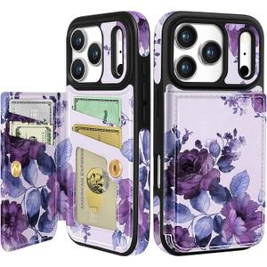 Shorogyt Compatible with iPhone 17 Pro Wallet Case with Card Holder - Cute Purple Flower Design Kickstand for Magnetic Clasp Back Flip Folio Leather Phone Covers for Women Men Girls