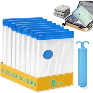 8 Pack Large Travel Vacuum Storage Bags, Portable Vacuum Seal Bags for Clothing Travel with Pump, Space Saver Bag for Luggage Suitcases Clothes Bedding Seasonal Storage