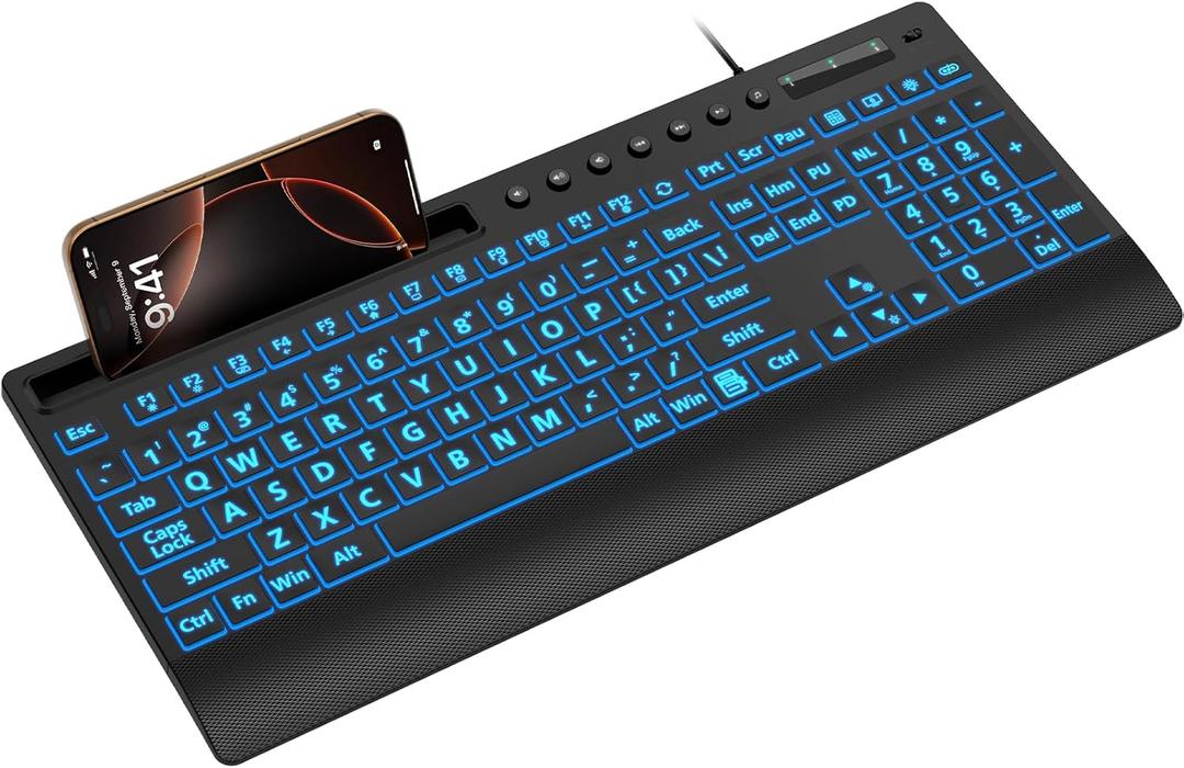 SABLUTE Large Print Wired Backlit Keyboard with Backlight Memory Function, 7-Color Auto-Cycling & Static Single LED, Computer Keyboard with Phone Holder & Wrist Rest, Quiet Crater Keys for PC Laptop