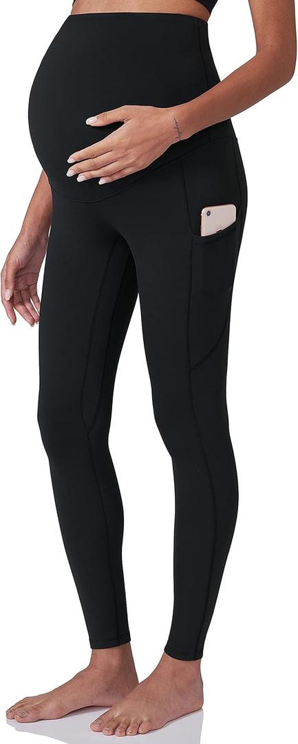 POSHDIVAH Women's Maternity Workout Leggings Over The Belly Pregnancy Yoga Pants with Pockets Soft Activewear Work Pants (X-Large, Black)