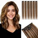 Rich Choices Short Clip In Hair Extension Real Human Hair-Single Clip Hairs Extension for Women 6PCS-Mini Clip in Hairpieces for Thin Hairs-12 Inches #2RP6 Chocolate Brown Highlight Light Brown