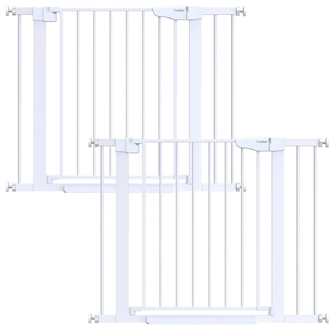Cumbor 2 Pack 29.7-40.6" Baby Gate for Stairs, Mom's Choice Awards Winner-Dog Gate for Doorways, Pressure Mounted Self Closing Pet Gates for Dogs Indoor, Safety Child Gate with Easy Walk Thru Door (White)