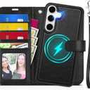 TUCCH Wallet Case for Galaxy S25 Plus, [Removable] 2 in 1 [Wireless Charging] Wrist Strap RFID Blocking [4 Card Holders] Magnetic Detachable Stand PU Leather Cover for Galaxy S25 Plus, Textured Black