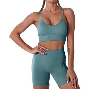 Women Seamless Yoga Set 2 Piece Workout Sport Bra with High Waist Shorts Legging Outfit Tracksuit, Size M