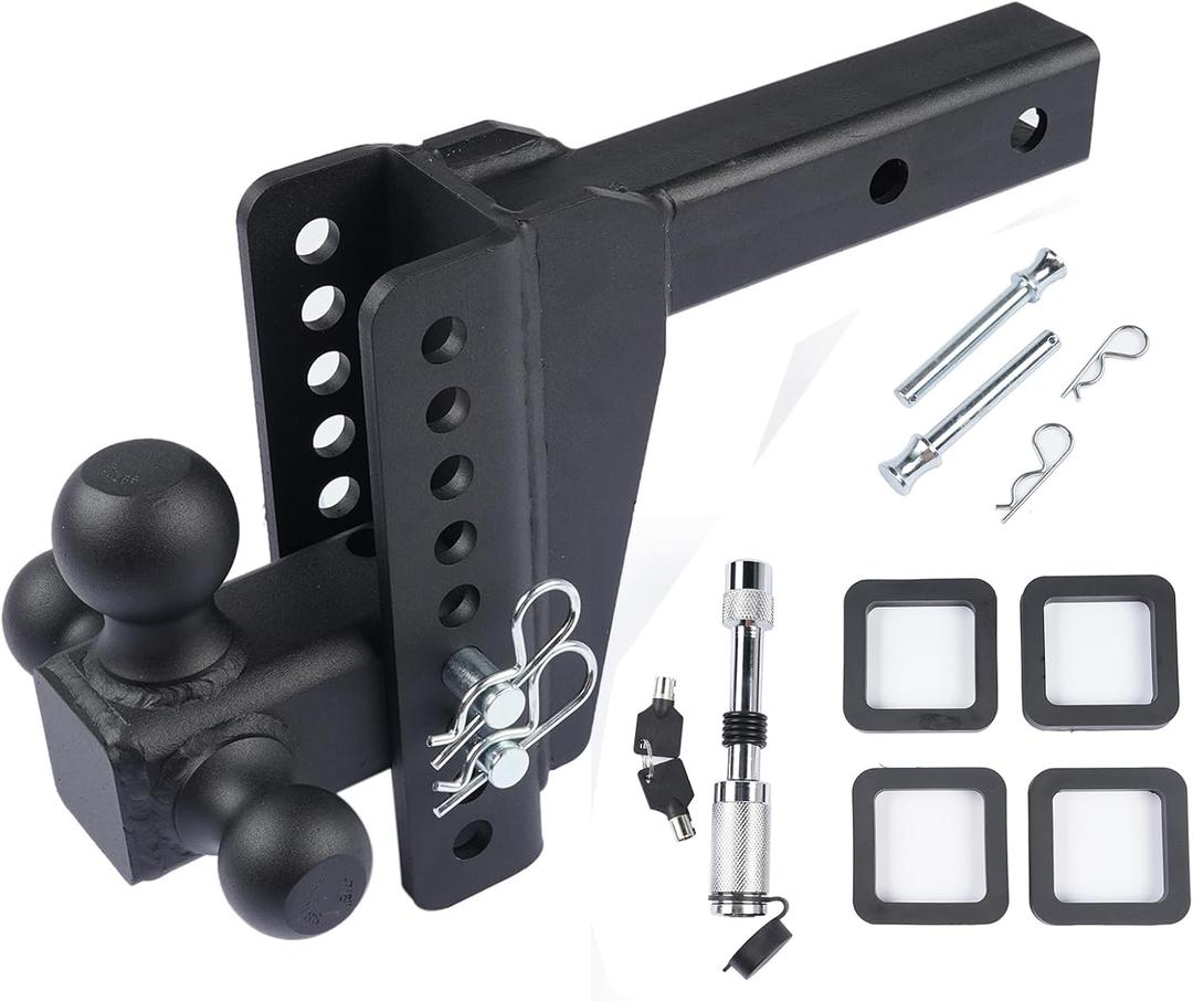 Fits 2" Receiver Adjustable Trailer Hitch, 8 Inch Drop/Rise Drop Hitch, Tri-Balls (1-7/8'', 2'', 2-5/16'') Truck Hitch, GTW 8000 Lbs, 10000 Lbs, 18500 Lbs, with Anti-Theft Pin