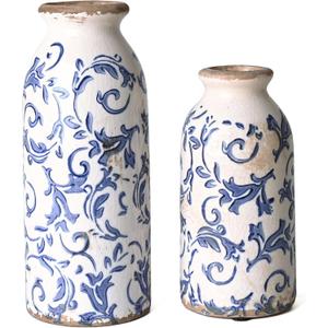 VICTOR & TERESA Blue and White Ceramic Vases Home Decor, Farmhouse Vase for Flowers, Flower Vase Set of 2, Rustic Decorative Vases for Pampas Grass, Table, Living Room, Shelf, Centerpieces, 8 inch
