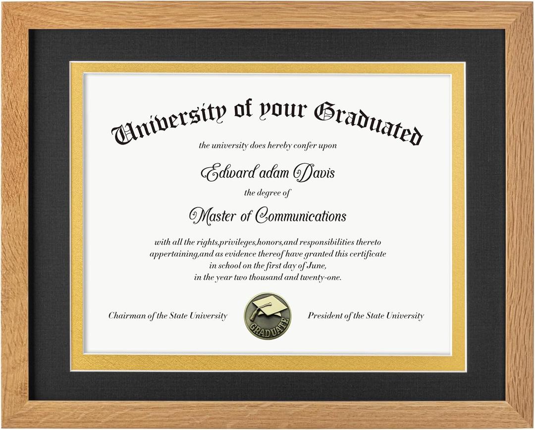 Fun Memories OAK Wood 11x14 Diploma Frame, 100% Solid Oak Wood Certificate Picture Frame with High Definition Glass, Document Frame for Wall and Tabletop, Black Mat