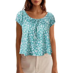 Loemes Women Summer Crewneck Babydoll Tops Cute Peplum Casual Short Sleeve Loose Fit Flowy Blouses 2026 (M)