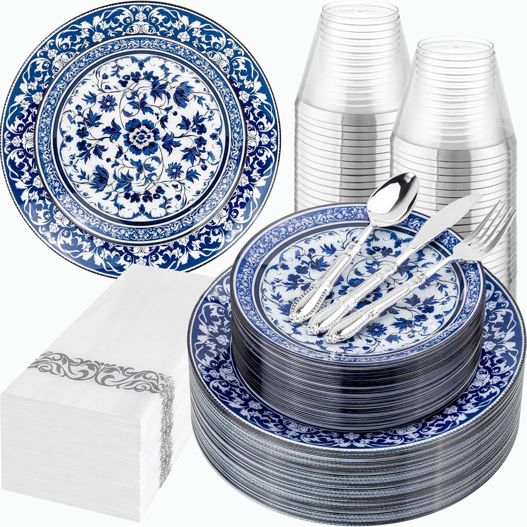 Hioasis 175PCS Blue Plastic Plates - Floral Disposable Dinnerware Set for 25 Guests, Include 50 Dinner & Dessert Plates, 75 Silver Cutlery, 25 Napkins, 25 Cups Perfect for Party (Art Style) (White and Blue)