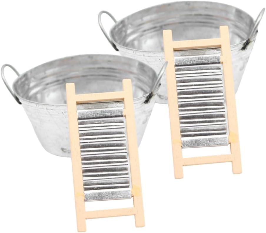 Dollhouse Miniature Wash Tubs and Washboards 2 Sets Miniature Laundry Basin Tiny Water Mini Wash Tub Decor Kitchen Laundry Accessories