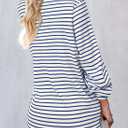 Astylish Women's 2025 Oversized Long Sleeve Shirts Button Up Striped Collared Front Pocket Top (Navy Blue)