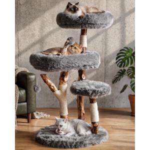 Solid Wood Cat Tree, Boho Modern Cat Tree Tower with Real Branch