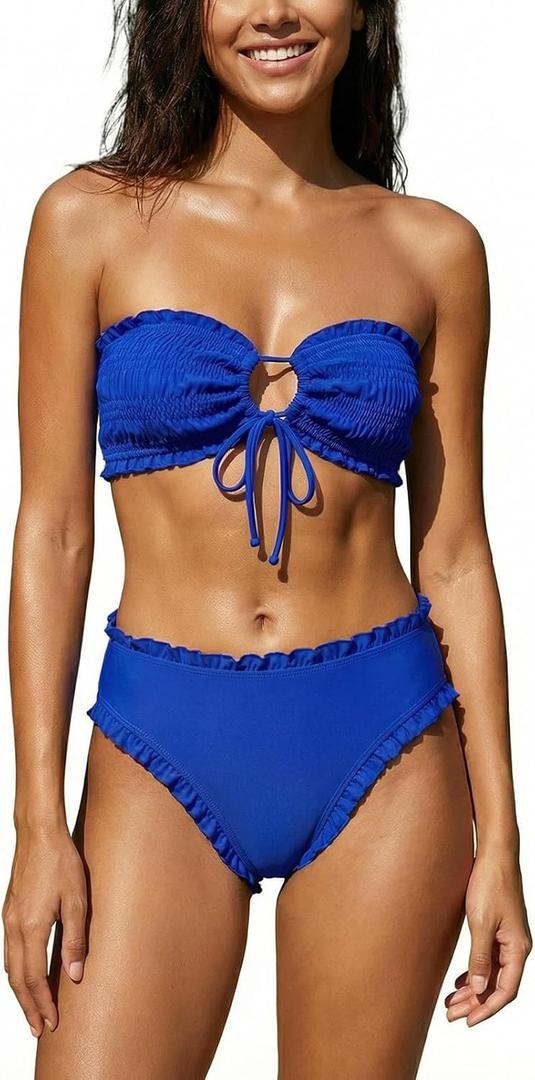 Women's Ruffle Bikini Set 2 Piece Swimsuit, Smocked Bandeau Top, High Waisted Bottom, Cheeky Coverage (Blue, L)