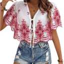 SOLY HUX Women's Hollow Tie Front Crop Tops Ruffle Short Sleeve V Neck Summer Blouse Shirts (Medium, Red and White)