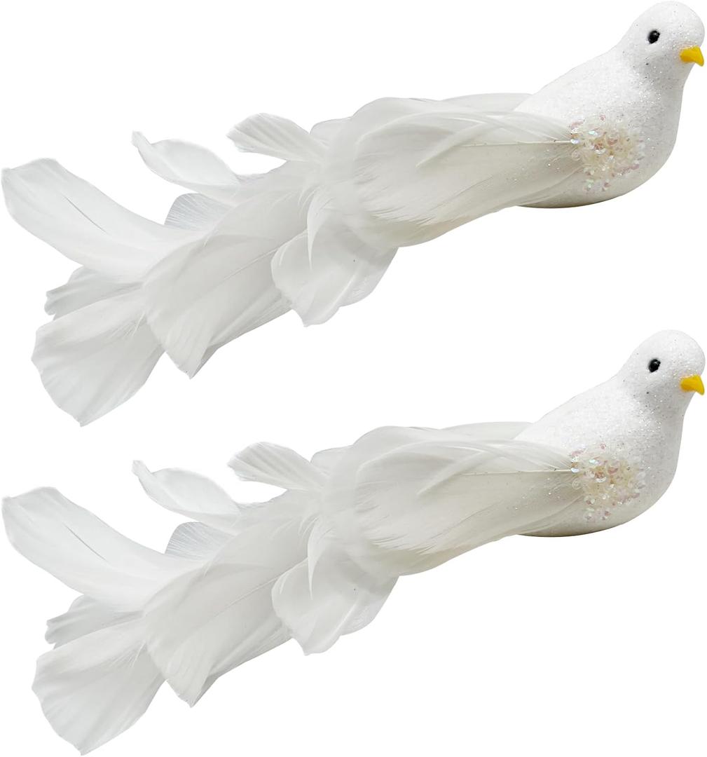 2pcs Christmas Tree Decorations White Glitter Birds Clip on Bird Ornaments 8" Artificial Birds with Feathers for Wreath Crafts Xmas Tree Decor