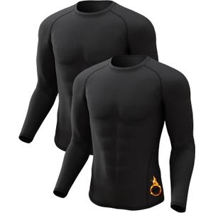 CL convallaria 2 Pack Men's Thermal Shirt Long Sleeve Fleece Lined Tops Base Layer Long John Shirts for Men, Large, Crew Neck-Black/Black