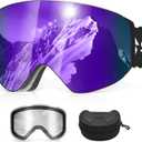 Ski Goggles, Snowboard Goggles with 2 UV400 Anti-Fog Detachable Magnet Lenses for Men & Women Adult (Ver.2 Purple(vlt 16.54%) + Clear (Vlt 83.5%))