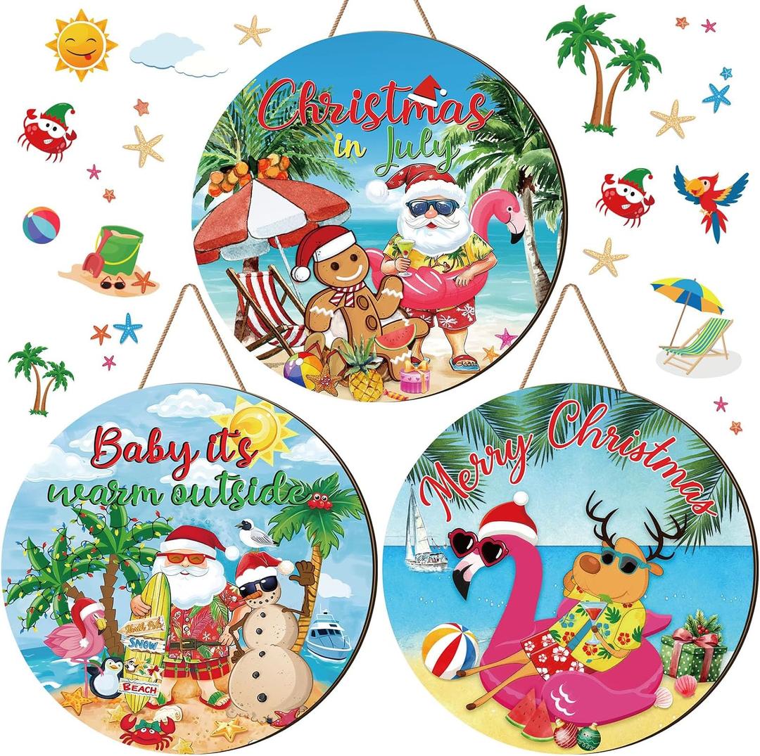 3 Pcs Christmas in July Door Decorations Christmas in July Front Door Wreath Summer Beach Wooden Sign Flamingo Santa Beach Hawaiian Hanging Hanger for Farmhouse Home Summer Xmas Decor Supplies