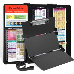 Foldable Aluminum Nursing Clipboard with Cheat Sheets - Black (Letter Size, 30 Sheet Capacity)