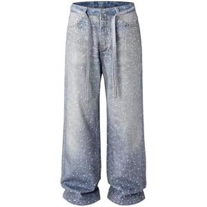 Men Baggy Rhinestone Jeans Wide Leg Denim Pants Vintage Sparkly Pearl Jeans Y2k Oversized Hip Hop Pants for Women L