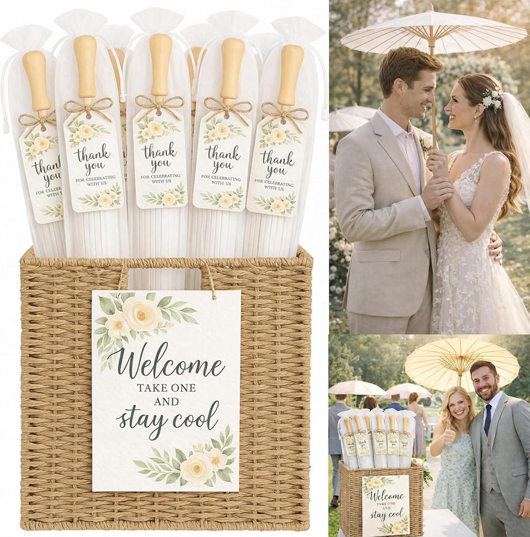 Wedding Shade Station for 50-80 Guest, 33in Wedding Paper Parasol Set with Woven Storage Box, Organza Bag, Thank You Tag and Welcome Sign, for Wedding Guest, Favor, Outdoor Ceremony and Bridal Partie