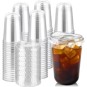 Round Bottom Clear Plastic Cups with Sip Lids, 100 Sets, 16 Oz Disposable Iced Coffee Cups with Strawless Lids To Go Cold Drink Cups for Smoothies, Juices, Party Catering